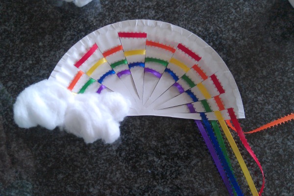 ribbon rainbow craft made from ribbons and a paper plate