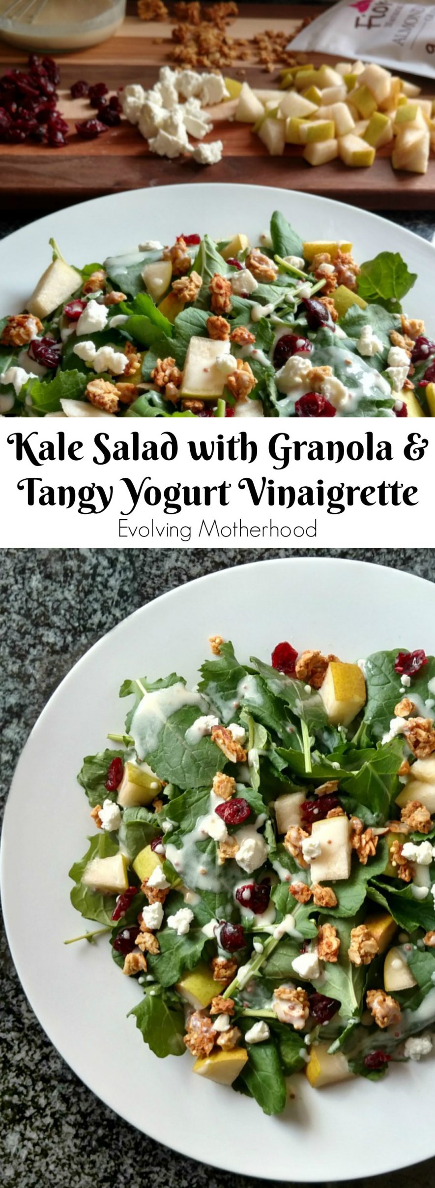 Kale salad with granola and and a tangy yogurt vinaigrette