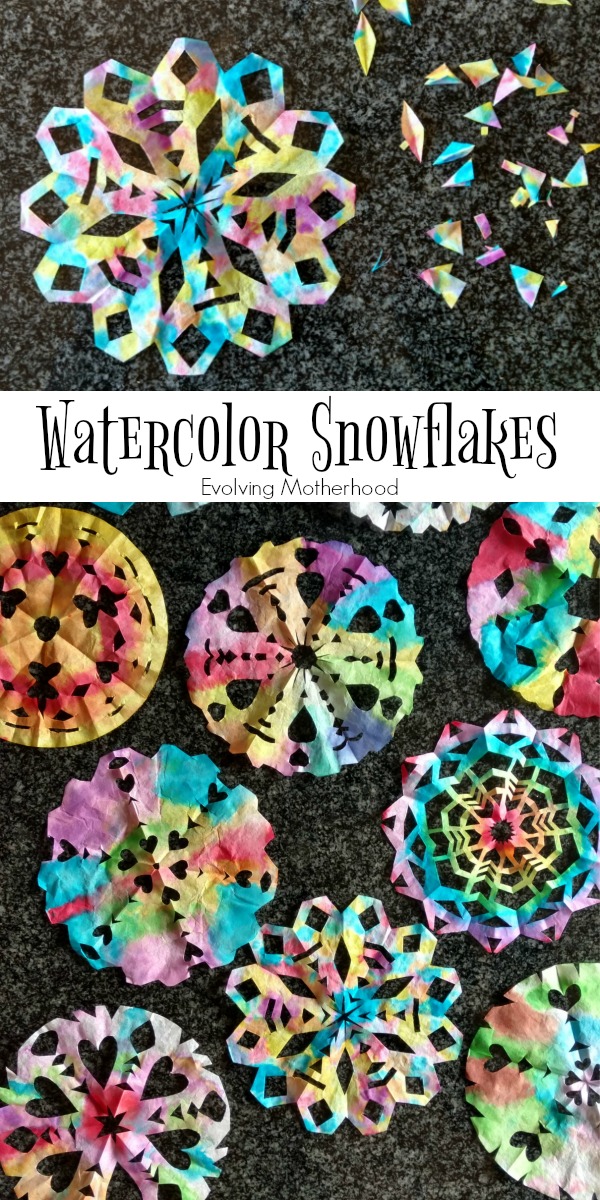 This watercolor snowflake craft is easy, fun, and a little bit addictive. It'll keep you and your kids busy for a long while. // evolvingmotherhood.com