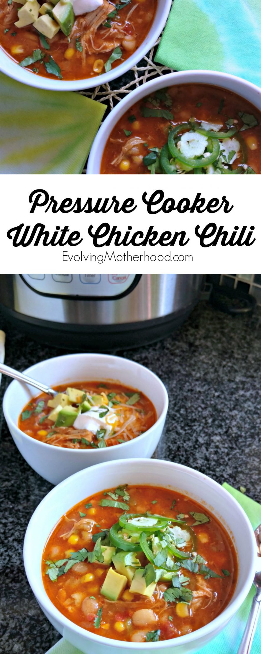 This is the best pressure cooker chicken chili recipe out there! So yummy! // evolvingmotherhood.com